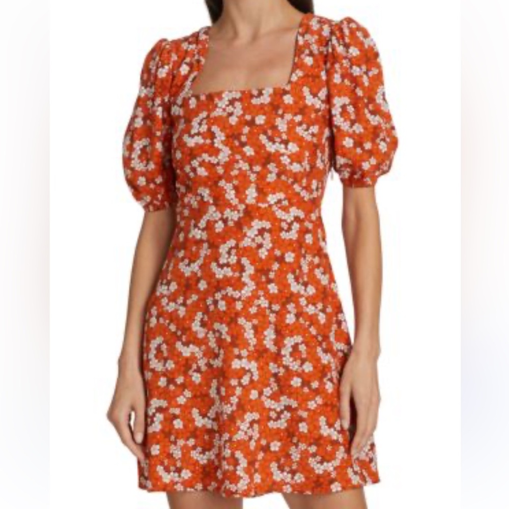 FAITHFULL THE BRAND Allegra Smocked Floral Mini Dress Orange White Size 10 - Picture 3 of 17